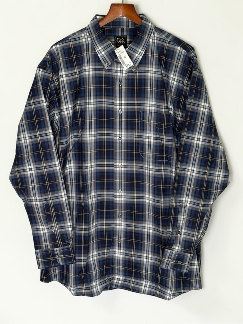 NWT Jos A Bank Traveler Shirt 2XB Tall Navy White Plaid Button Down Non-Iron